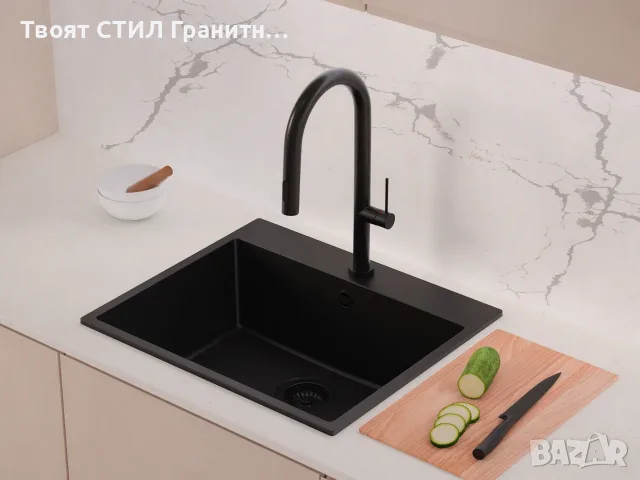 К-т Мивка Рига 60 със Смесител Flex 6020 и Класически сифон Дозатор Аксесоари Промо Черна  -28% Ново, снимка 2 - Мивки - 55431325