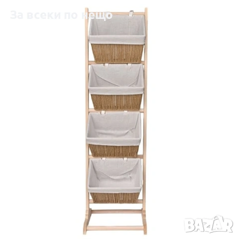 Дървена етажерка с плетени панери на 4 нива, 35×35×125 см Код P2628, снимка 2 - Етажерки - 54936318
