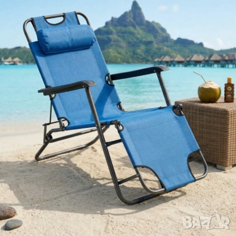 Сгъваем син шезлонг. , снимка 4 - Градински мебели, декорация  - 54316485