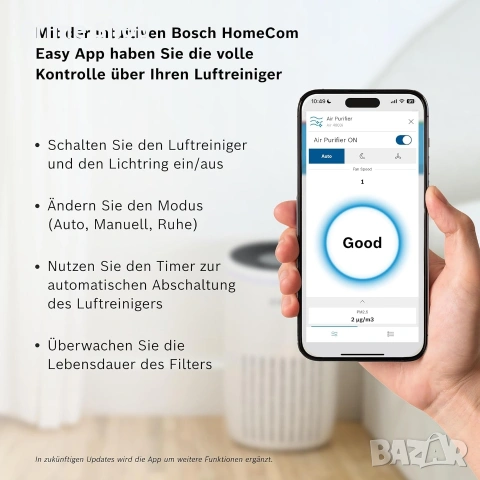 Смарт пречиствател за въздух Bosch Air 4000i, WiFi, 3-в-1 филтър, до 62.5 кв.м., снимка 5 - Овлажнители и пречистватели за въздух - 55006482