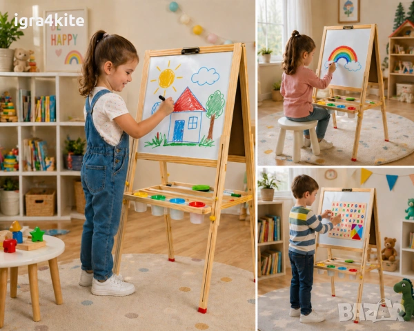Голям Детски Магнитен Дървен статив за рисуване 2в1 с регулируема височина чашки и аксесоари | магни