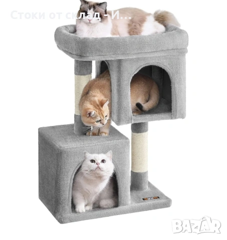 Котешки комплект за игра с 2 къщички и сизалови стълбове, 49x32x74см, Светлосив
