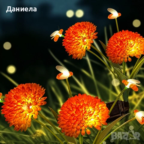 Соларна LED лампа: Оранжеви цветя с пчелички – 2 броя за градина, двор и тераса