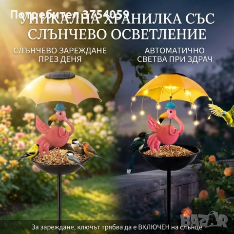 Градинска соларна лампа-хранилка за птици с фламинго и автоматично LED осветление, снимка 2 - Соларни лампи - 55195860