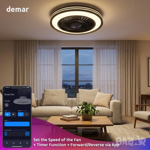 Смарт таванен вентилатор с LED RGB осветление 50 см, WiFi, Alexa, дистанционно, снимка 2 - Вентилатори - 55278527