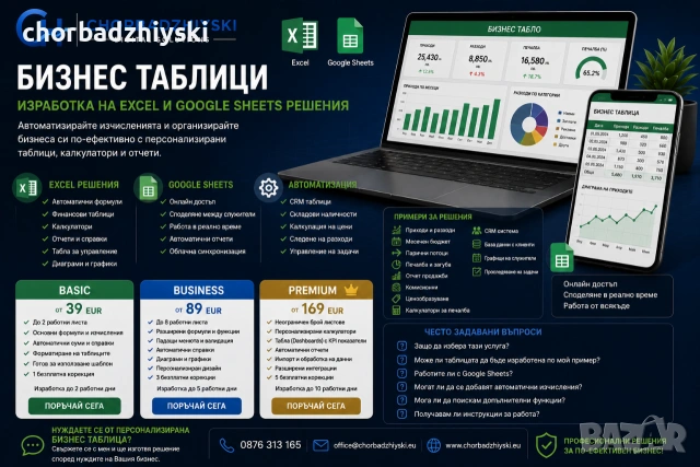 Изработка на бизнес таблици, калкулатори и автоматизации в Excel и Google Sheets