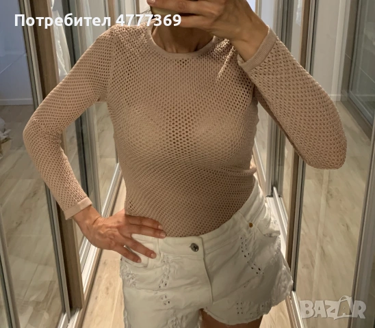 Бежава мрежеста блуза с дълъг ръкав, снимка 2 - Блузи с дълъг ръкав и пуловери - 55090720