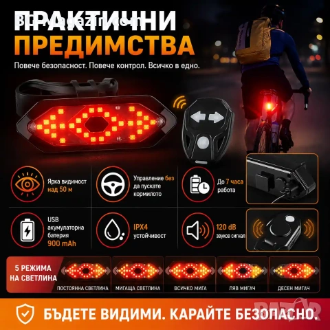 Мигачи задни светлини за колело LED стоп водоустойчив ярки за велосипед със звънец аларма USB мощен, снимка 4 - Аксесоари за велосипеди - 50963161