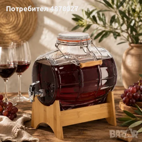 Стъклен диспенсър за напитки 8L, с кран и бамбукова поставка, снимка 5 - Аксесоари за кухня - 55432518