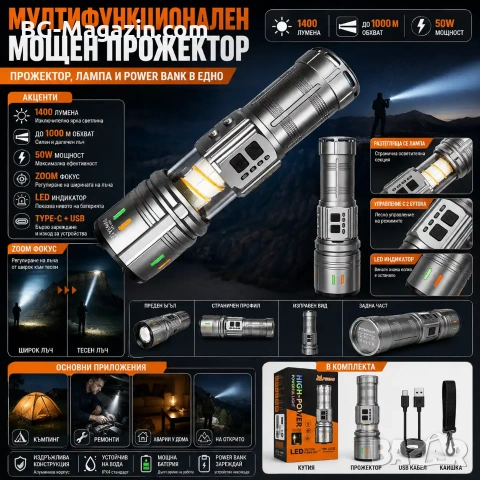 Мощен прожектор YEMAO 1400lm: Акумулаторен LED фенер 1000м обхват Къмпинг лампа и Power Bank, снимка 8 - Къмпинг осветление - 55123754