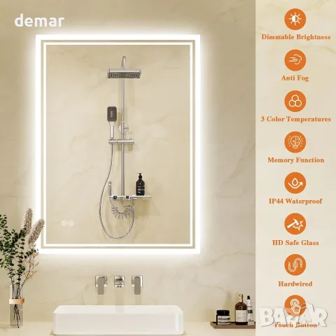 LED огледало за баня с подсветка, анти-мъгла и водоустойчивост IP44, 50х70 см, снимка 7 - Огледала - 55499187