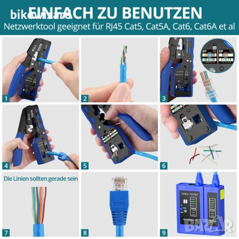 Комплект инструменти за кримпване на RJ45 Cat7/6/5 с 50 позлатени конектора и тестер – Комплект НОВО, снимка 3 - Други инструменти - 54360104