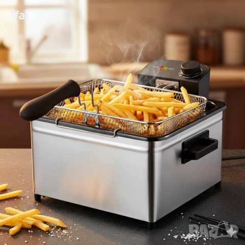 Фритюрник Cheffinger CF-EDP5.0 – 5L, 2000W, неръждаема стомана, 3 кошници, регулируема температура, снимка 4 - Фритюрници - 54671348
