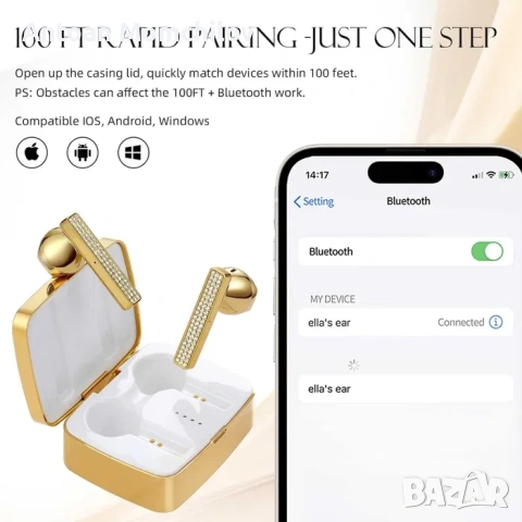 Безжични слушалки ELLA'S EARS Gold Bluetooth 5.3, снимка 5 - Слушалки и портативни колонки - 54827801