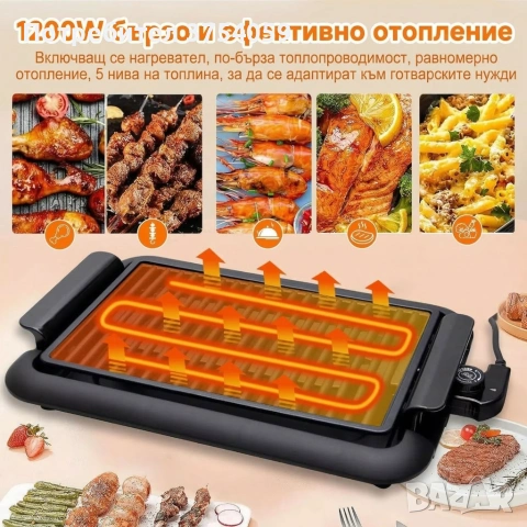 Електрическа настолна скара 1200W без дим – Преносимо барбекю за балкон и градина, 38x25 см, снимка 4 - Скари - 55162298