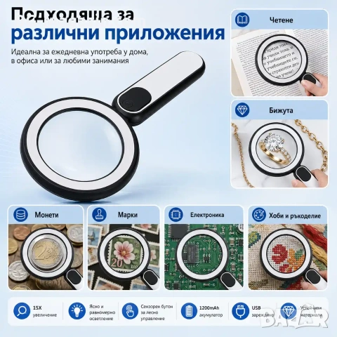 Мощна голяма увеличителна лупа 15X LED осветление стъклена за четене на книга вестник с дръжка лед, снимка 8 - Други инструменти - 50919742