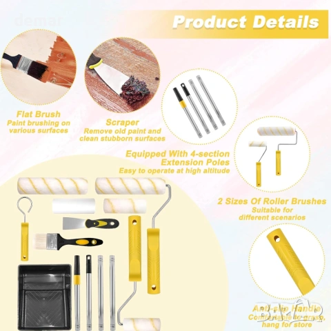 Комплект от 12 части Easy Coater валяци за боядисване с удължител и тава за боядисване, снимка 3 - Бои, лакове, мазилки - 54064369