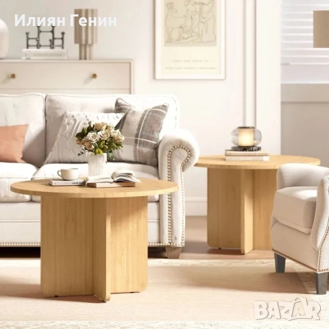 Кръгла масичка за кафе HOMCOM, бамбукова холна маса, снимка 6 - Маси - 54900477