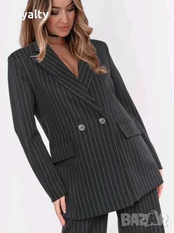 Дамски Черен Костюм в Райе с Широки Крачоли, снимка 2 - Костюми - 54097537