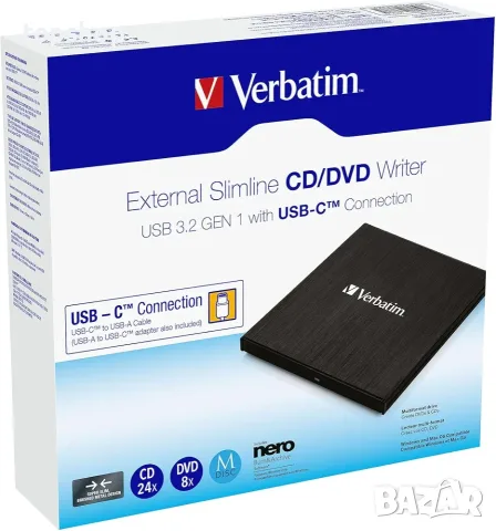 Чисто Нова Запечатана Премиум външна записвачка Verbatim External Slimline (USB-C / USB 3.2, метален, снимка 4 - Други - 55677358