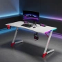 Бяло геймърско бюро с RGB LED осветление, 140 см – Карбоново покритие, поставка за чаша и слушалки, снимка 1