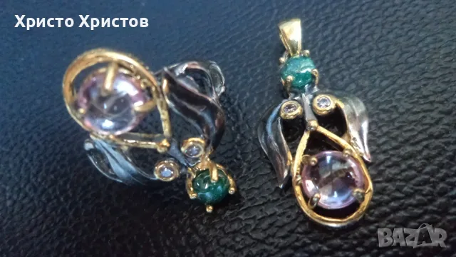 Сребърен 925 проба комплект с натурални сапфири и авантюрини, снимка 2 - Бижутерийни комплекти - 55671959