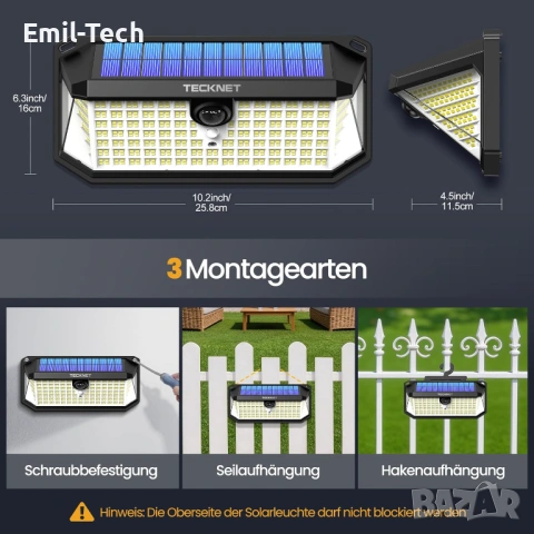 2 соларни LED лампи TECKNET – 546 LED + подарък 495 LED, датчик, IP66, снимка 6 - Лед осветление - 54592408