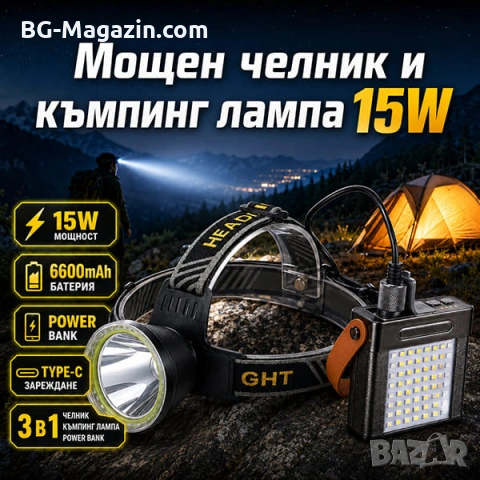Професионален мощен челник за глава и къмпинг лампа с Power Bank за риболов къмпинг туризъм палатка