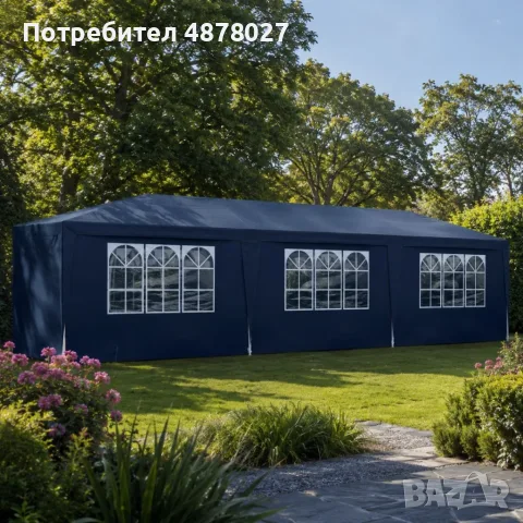 Градинска тъмносиня шатра 3x9 м - Водоустойчив павилион с 8 стени, прозорци и метална конструкция за, снимка 7 - Градински мебели, декорация  - 55536381