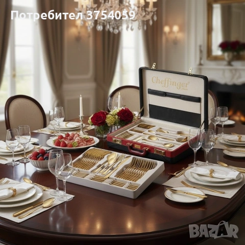 Луксозен комплект прибори Cheffinger – 72 части със сребърно/златно покритие и куфар за съхранение, снимка 2 - Прибори за хранене, готвене и сервиране - 55185156