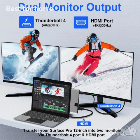 Докинг станция за Surface Pro 12, хъб за Surface Pro 12 с 4K HDMI, USB-C Thunderbolt 4 , снимка 3 - Кабели и адаптери - 54998825
