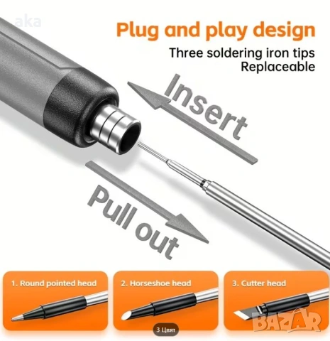 Безжичен поялник Solderig iron LED ДИСПЛЕЙ+LED ОСВЕТЛЕНИЕ+3 бр.различни сменяеми накрайника -нов-сив, снимка 7 - Поялници и запояване - 54698167