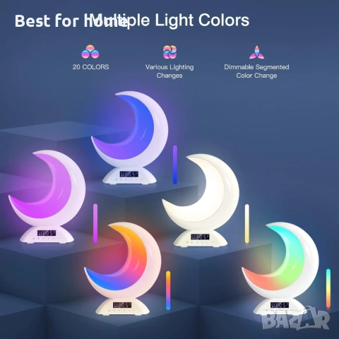 Настолна лампа Moon с часовник с будилник, RGB регулируема светлина с Bluetooth, снимка 5 - Друга електроника - 54389382