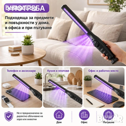 UV LED лампа за дезинфекция и стерилизация UV-C 10W преносима бактерициден ув фенер за дома и офиса, снимка 3 - Лед осветление - 53187900