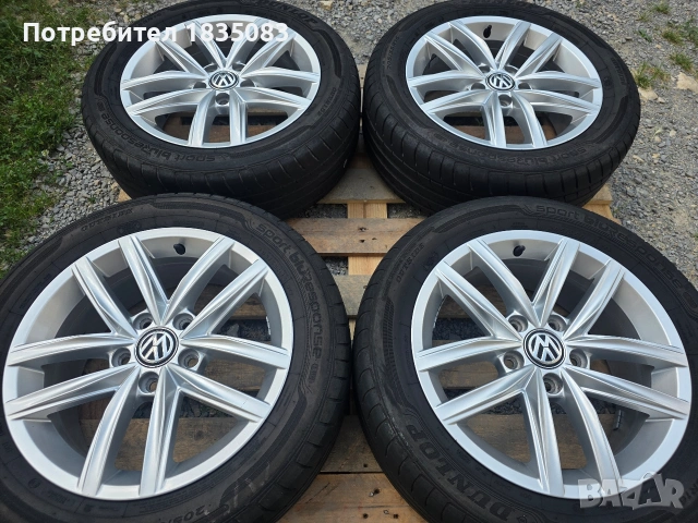 Лети джанти 16ки 5х112 VW + летни гуми 205/55/16 Dunlop, снимка 3 - Гуми и джанти - 55080936