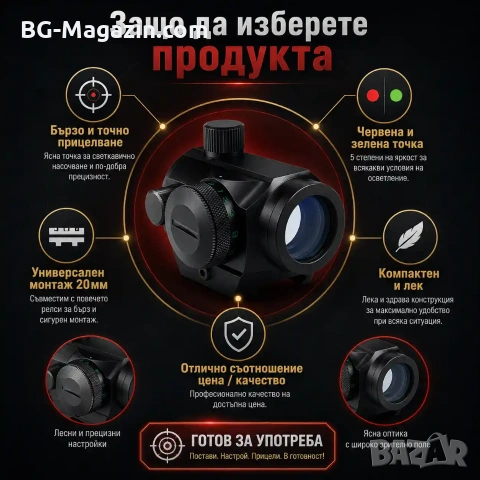 Малък компактен тактически бързомер 1×20 лек прицел мерник за въздушна пушка еърсофт лов оръжие лък, снимка 3 - Оборудване и аксесоари за оръжия - 51051785