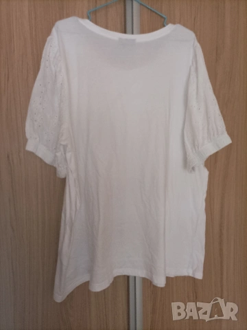 Макси бяла, памучна тениска с бродирани ръкави , снимка 4 - Тениски - 54308905