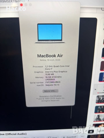  Macbook air 2020 intel i7 516gb HD 16gb ddr4 ram дефектна батерия, снимка 2 - Лаптопи за работа - 54401855