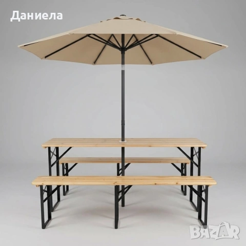 Сгъваем комплект за пикник с дървена маса и 2 пейки – 170 см, с отвор за чадър, за градина, снимка 3 - Други - 54779772
