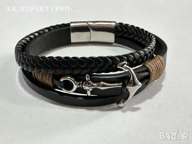 Мъжка гривна Silver Flame с котва – естествена кожа и неръждаема стомана – 21,5 см, снимка 6 - Гривни - 55411936