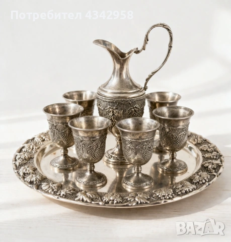 Винтидж комплект за вино/ликьор с поднос – посребрен (мелхиор).1970-1990г., снимка 2 - Антикварни и старинни предмети - 54009506