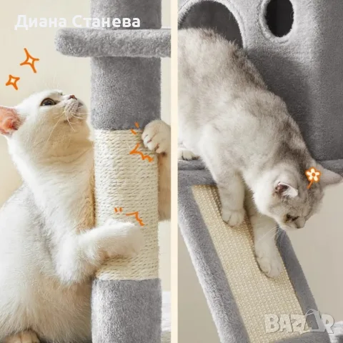 Драскалка за котки Light Gray 206 см – XXL катерушка с 2 къщички, хамак и площадки, снимка 3 - За котки - 55579298