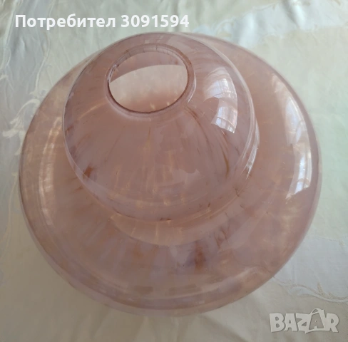 винтидж стъклен абажур за лампа полюлеи (плафониера), изработен от розов опалин с мраморен ефект Арт, снимка 5 - Други ценни предмети - 55149841