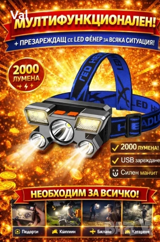 Мощен LED челник 2000LM – презареждаем, 5 режима, с широк лъч (230°)