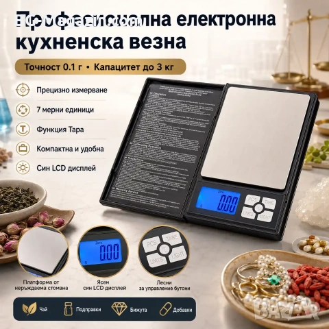Професионална електронна кухненска везна кантар Notebook до 3кг за храна кафе кухня дигитален