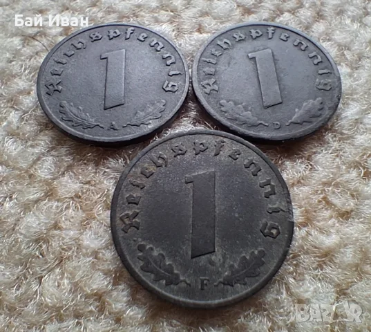 Стара монета/и 1 пфенинг 1942 г. букви А , D и F свастика - Германия - цинкови, снимка 12 - Нумизматика и бонистика - 55380701