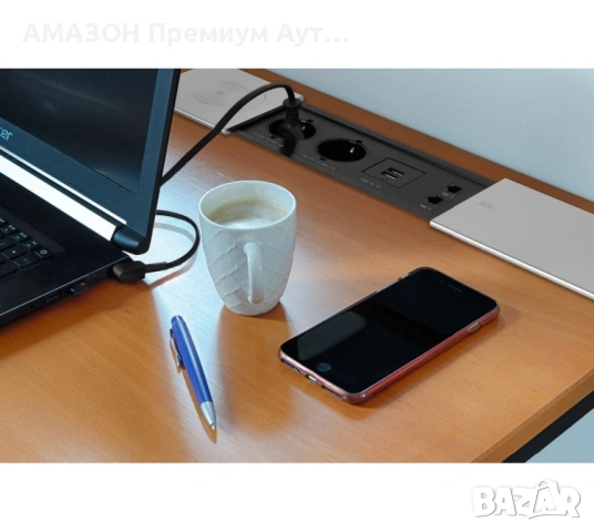 разклонител за вграждане/3 гнезда/15W безжично зарядно/2 USB-C PD 30 W/2 USB-A порта, Inox капак