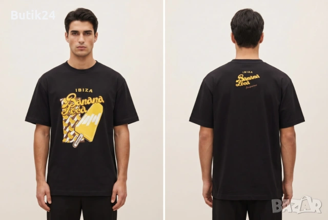 Jacquemus мъжка тениска „Banana Loca" — черна, овърсайз, жълт принт