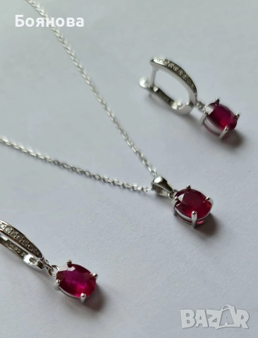 Сребърен комплект от естествен Рубин , снимка 7 - Колиета, медальони, синджири - 54166155