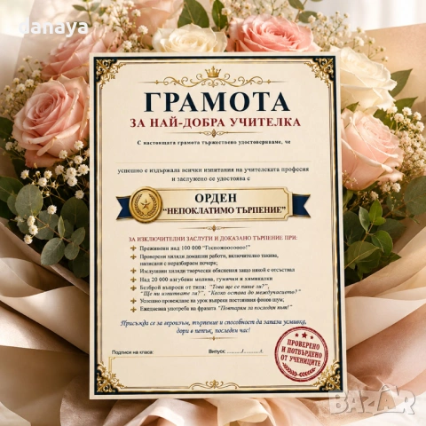 6756 Грамота за най-добра учителка – Забавен и оригинален подарък от класа, А4, снимка 2 - Ученически пособия, канцеларски материали - 54722845